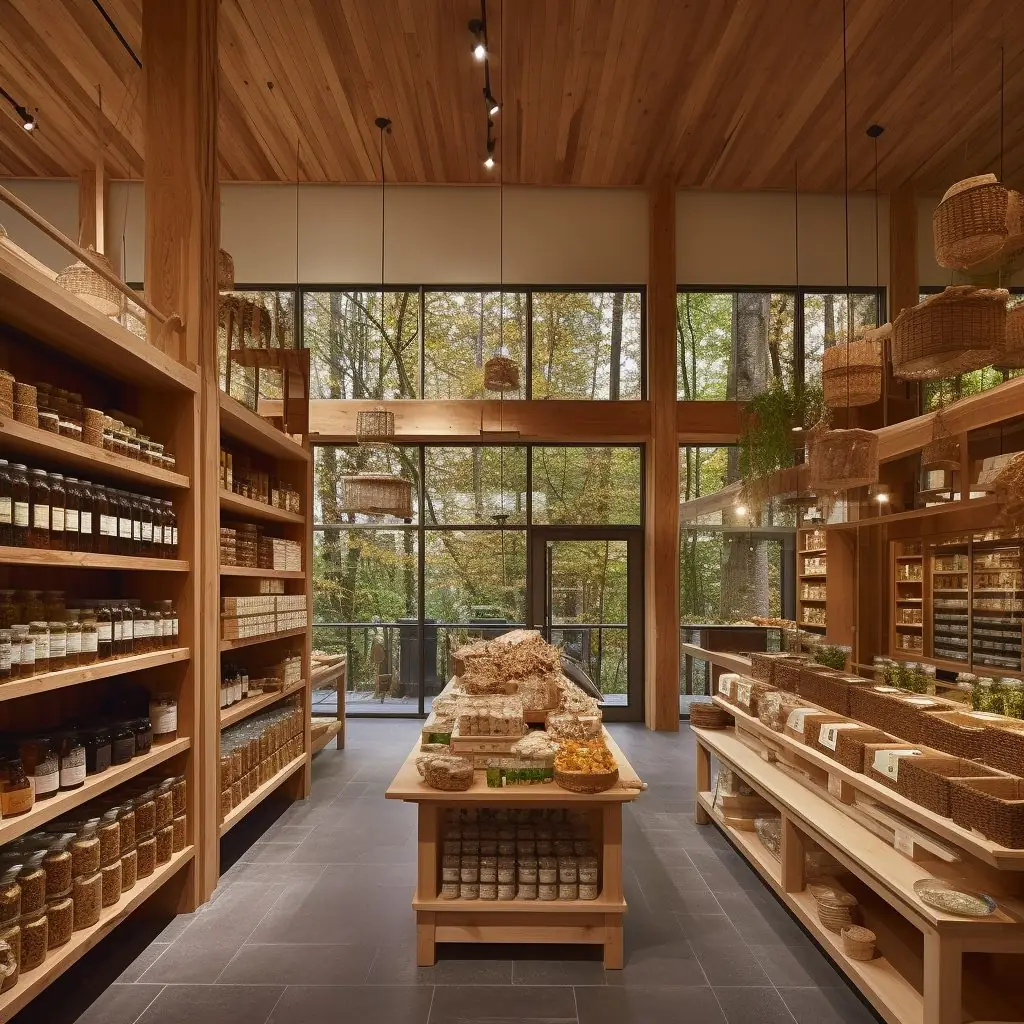 A long timber-lined pantry hall stocked with jars and produce