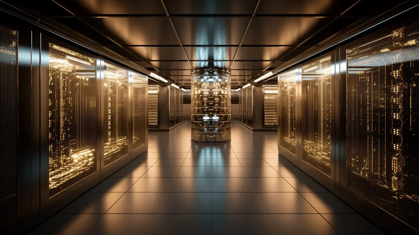 A long, lit corridor of shelving