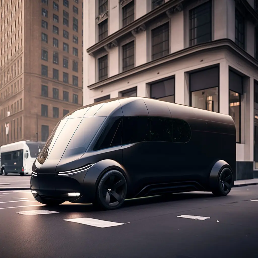 A matte-black electric delivery vehicle